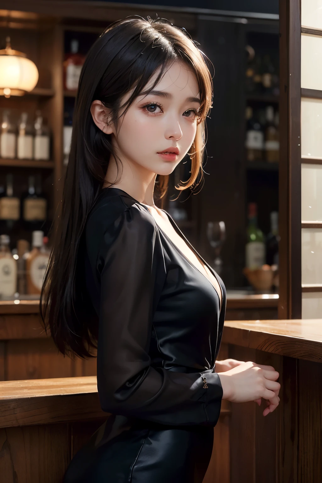 full hd 8k, Girl standing in front of a dark night scene, full moonlight reflecting on her beautiful face. Her long, silky hair was gently blown by the night wind, creating a gentle and romantic feeling. She is walking on a large beach. She looked up at the starry sky, as if searching for something, her eyes showing a pensive and lonely look. The full moon shines in the night sky creating a beautiful scene. The girl has long, strands of hair, Light blonde hair, a luxurious and noble beauty. The moonlight shines on the girl's delicate face, highlighting her large, round light brown eyes, creating a natural, gentle beauty. She wore a mini red nightgown to create a sexy beauty. These images capture detailed panoramic portraits and views of the sky and sea. All create a beautiful, wonderful picture that makes people unable to take their eyes off the scene. All of these details are depicted clearly and sharply,