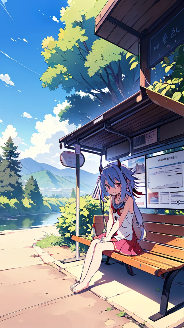 masterpiece, Best Quality, High resolution, Very detailed,(((Mikoto Naruhana))), (((Multicolored Hair))), (((horn))), (((Pink Eyes))), (((bus stop))), (((river))), (((Plants))), (((Sitting))), (((blue sky))), (((nature))), (((barefoot)))