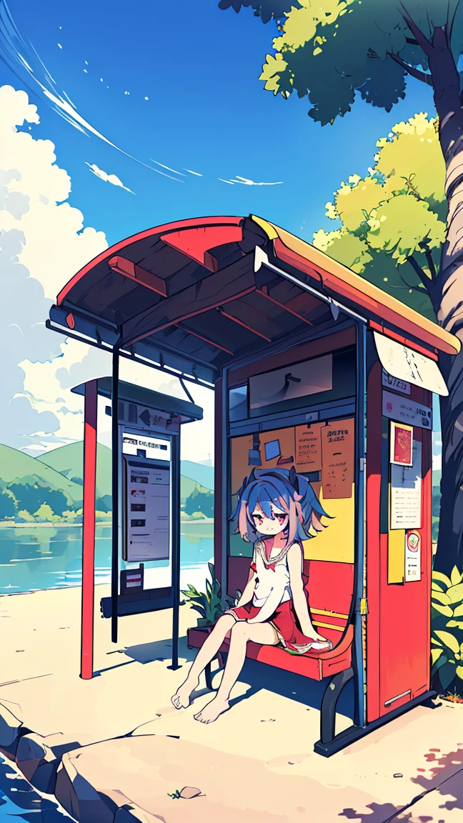 masterpiece, Best Quality, High resolution, Very detailed,(((Mikoto Naruhana))), (((Multicolored Hair))), (((horn))), (((Pink Eyes))), (((bus stop))), (((river))), (((Plants))), (((Sitting))), (((blue sky))), (((nature))), (((barefoot)))