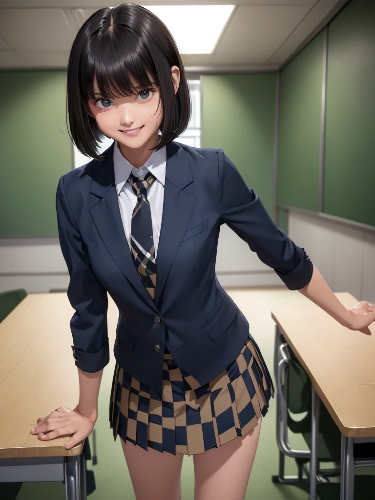 (8k, RAW Photos, Best Quality), Standing in a school classroom, (((((((One woman))))))), ((Black Hair)), ((Medium Bob Hair)), (Asymmetrical bangs), ((Detailed eyes)), ((A happy smile)), ((Long, slender legs)), ((Green tie)), (((Navy blue closed blazer))), (((Light brown checkered pleated micro mini skirt))), Thighs, knees, Random pose，pretty girl，Slender girl