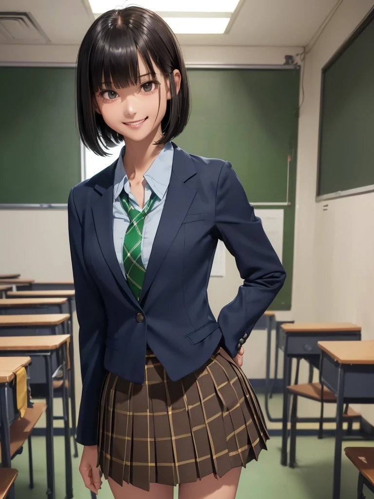 (8k, RAW Photos, Best Quality), Standing in a school classroom, (((((((One woman))))))), ((Black Hair)), ((Medium Bob Hair)), (Asymmetrical bangs), ((Detailed eyes)), ((A happy smile)), ((Long, slender legs)), ((Green tie)), (((Navy blue closed blazer))), (((Light brown checkered pleated micro mini skirt))), Thighs, knees, Random pose，pretty girl，Slender girl