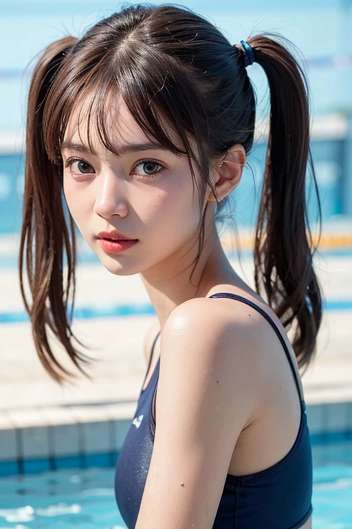 a white girl in swim suit closer look,black hair, colored inner hair, braided ponytail, hair bow, Surrealism, Surrealism, cinematic lighting, three sided view, three sided view, 8k, super detail, UHD, high quality, super detail, 16k
