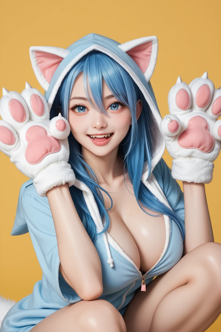 score_9,score_8_up,score_7_up,score_6_up,source anime,masterpiece,best quality,ultra detailed eyes BREAK 
1girl, :3, animal costume, animal ears, animal hands, animal hood, arm support, blue eyes, blue hair, breasts, cat costume, cat ears, cat hood, cat paws, cleavage, fake animal ears, fangs, gloves, hair between eyes, hood, hood up, large breasts, light blush, long hair, looking at viewer, open mouth, paw gloves, sitting, smile, solo, tongue, v-shaped eyebrows, yellow background