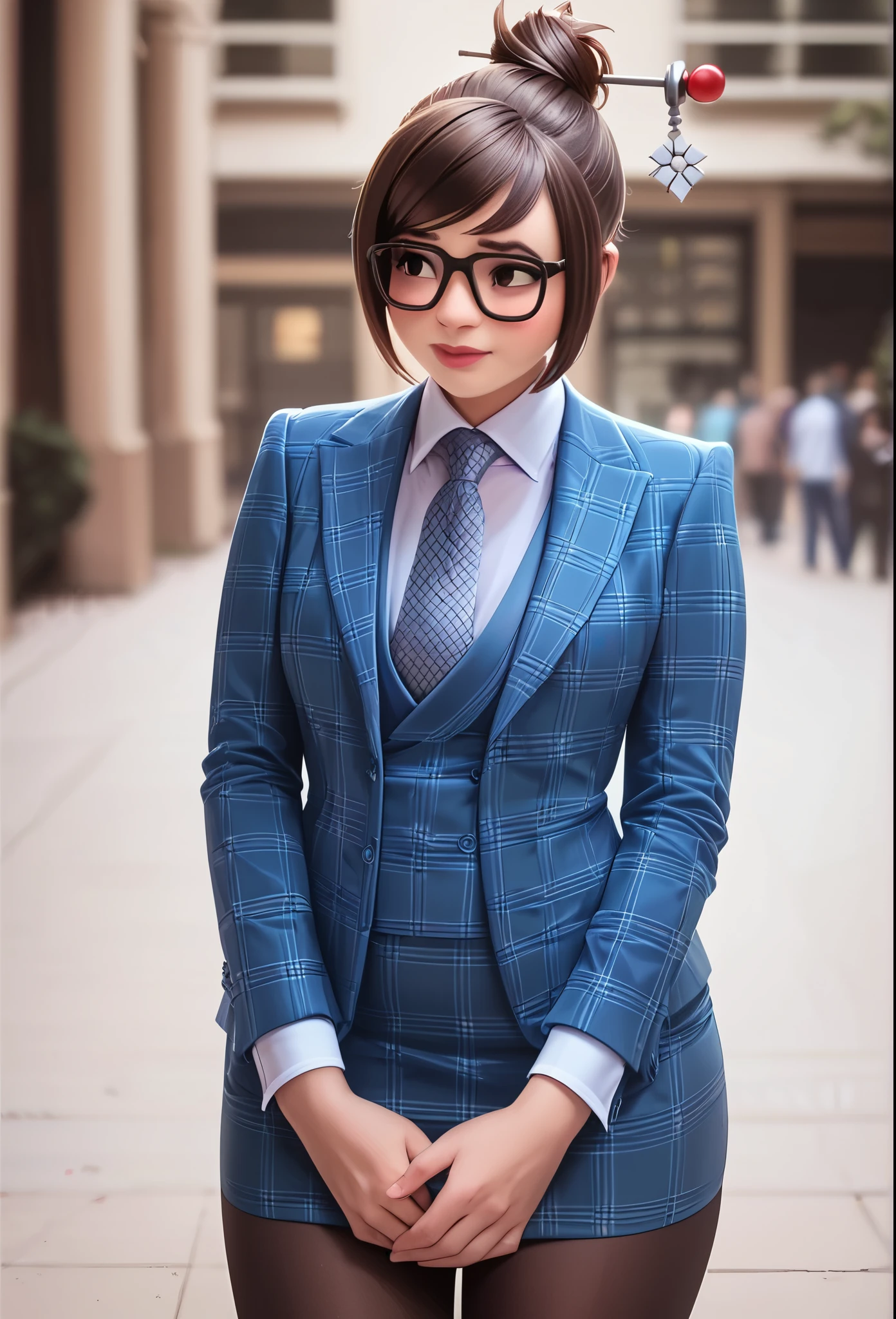 score_9, score_8_up, score_7_up, score_6_up, score_5_up, score_4_up, 3d, owmei, black-framed eyewear, hair bun, smile, shy, hair stick, blush, sheepish, 
three-piece suit, ((waistcoat)), blue plaid skirt suit, dress shirt, metallic brown necktie, blazer, blue plaid suit jacket, bodycon pencil skirt, (shirt with white collar), white shirt collar, contrast collar, suit trim, makeup, lipstick, black pantyhose, standing, looking away, avoiding eye contact, hands held together, 