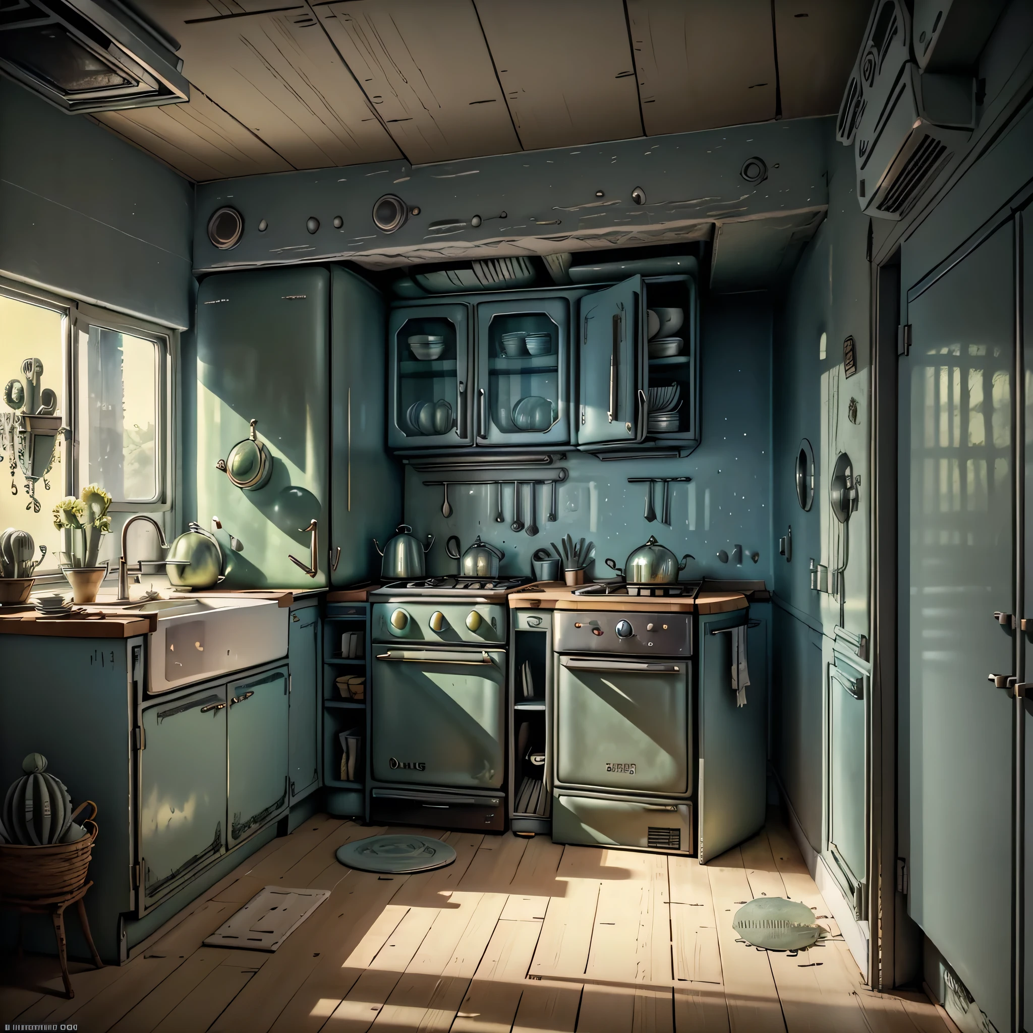 Small old shabby kitchen full of stuff. In the center of the frame is an open refrigerator, from which a monstrous alien with a futuristic weapon in his hand runs out. Bright sunny kitchen lighting, bright juicy colors, ultra-detailed drawing.