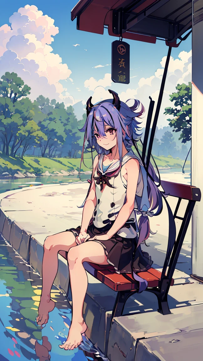 masterpiece, Best Quality, High resolution, Very detailed,(((Mikoto Naruhana))), (((Multicolored Hair))), (((horn))), (((Pink Eyes))), (((bus stop))), (((river))), (((Plants))), (((Sitting))), (((blue sky))), (((nature))), (((barefoot)))