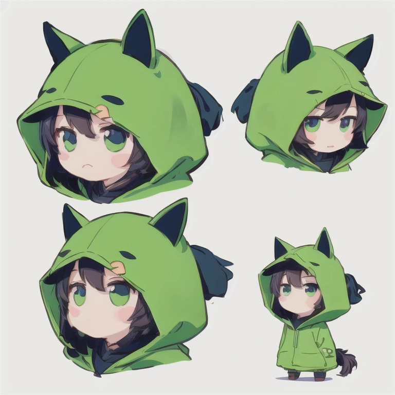 a close up of a person wearing a Green hoodie, cute!! Chibi!!! Cat girl, Anime Moe Art Style, cute anime horse girl🐎, anime horse girl🐎, honest, by Kamaguruka, Demon Slayer Louis Fan Art, Chibi art, Chibi monster girl, In anime style, Green hood, cute anime style, Detailed fan art, Cat girl, Chibi anime girl　Bipedal Horse　Bipedal thoroughbred