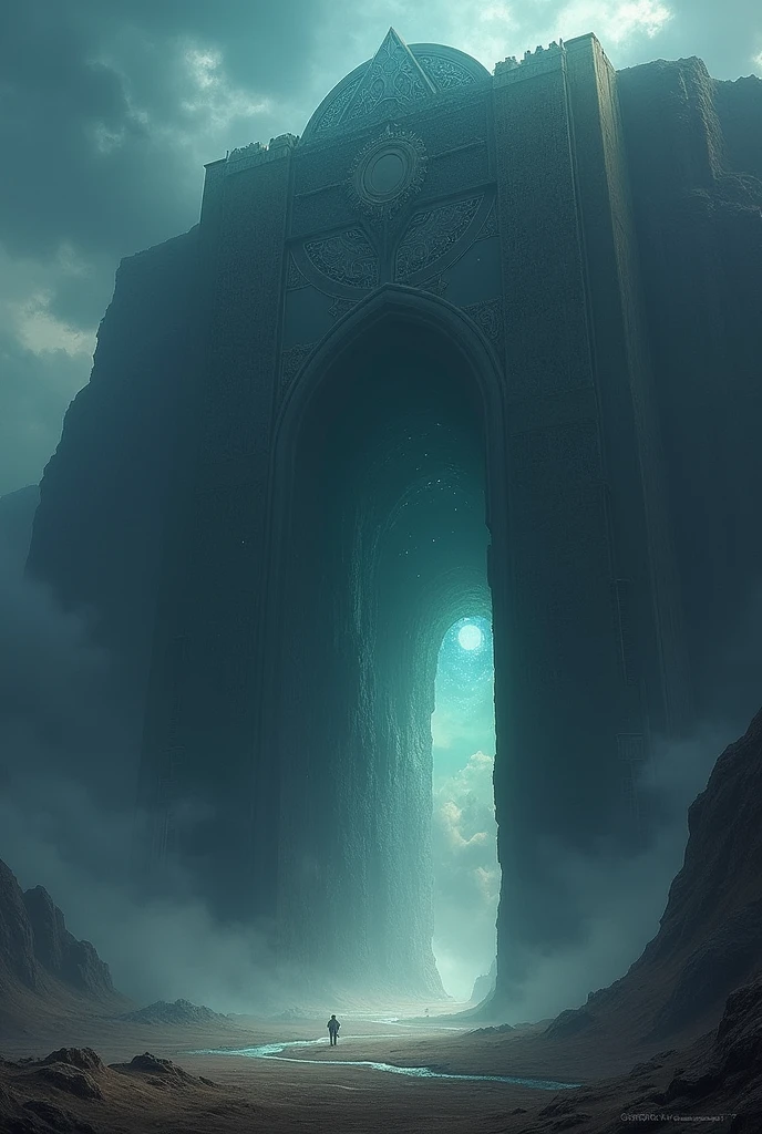 Draw a gate that is as tall as a mountain and very wide and inside it is like a black hole and beautiful and luxurious