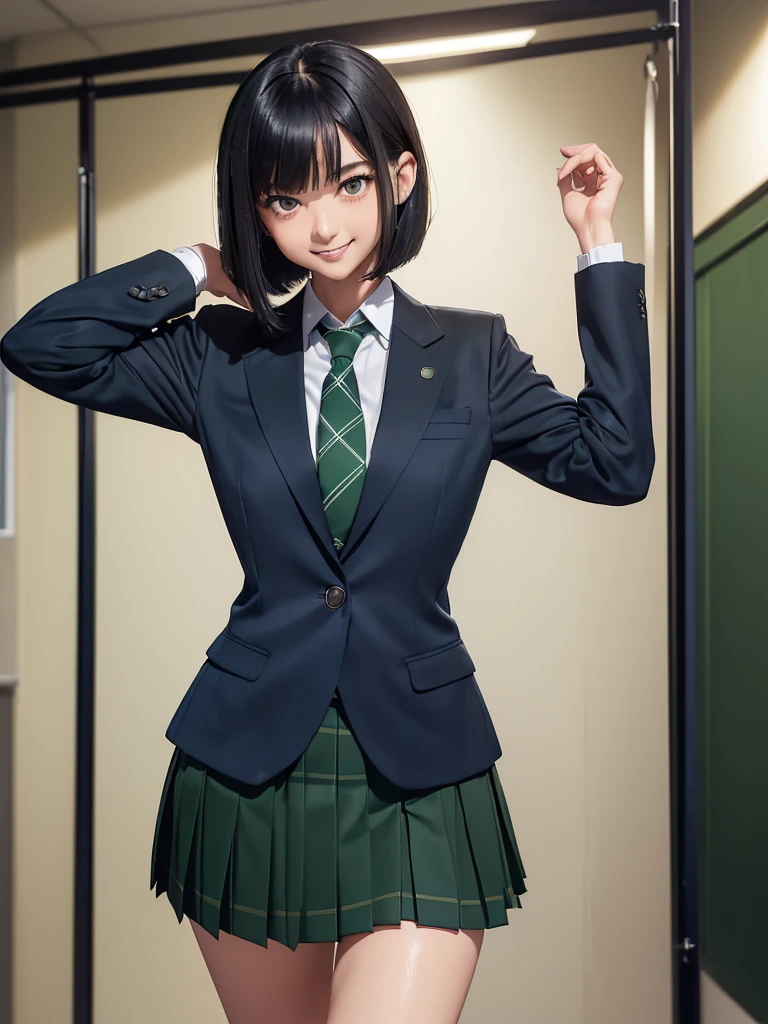 (8k, RAW Photos, Best Quality), Standing in a school classroom, (((((((One woman))))))), ((Black Hair)), ((Medium Bob Hair)), (Asymmetrical bangs), ((Detailed eyes)), ((A happy smile)), ((Long, slender legs)), ((Green tie)), (((Navy blue closed blazer))), (((Dark green checkered pleated micro mini skirt))), Thighs, knees, Random pose，pretty girl，Slender girl