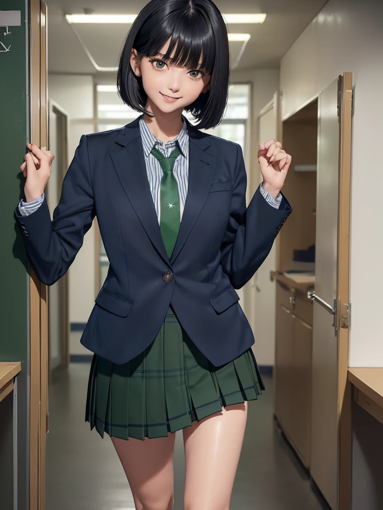 (8k, RAW Photos, Best Quality), Standing in a school classroom, (((((((One woman))))))), ((Black Hair)), ((Medium Bob Hair)), (Asymmetrical bangs), ((Detailed eyes)), ((A happy smile)), ((Long, slender legs)), ((Green tie)), (((Navy blue closed blazer))), (((Dark green checkered pleated micro mini skirt))), Thighs, knees, Random pose，pretty girl，Slender girl