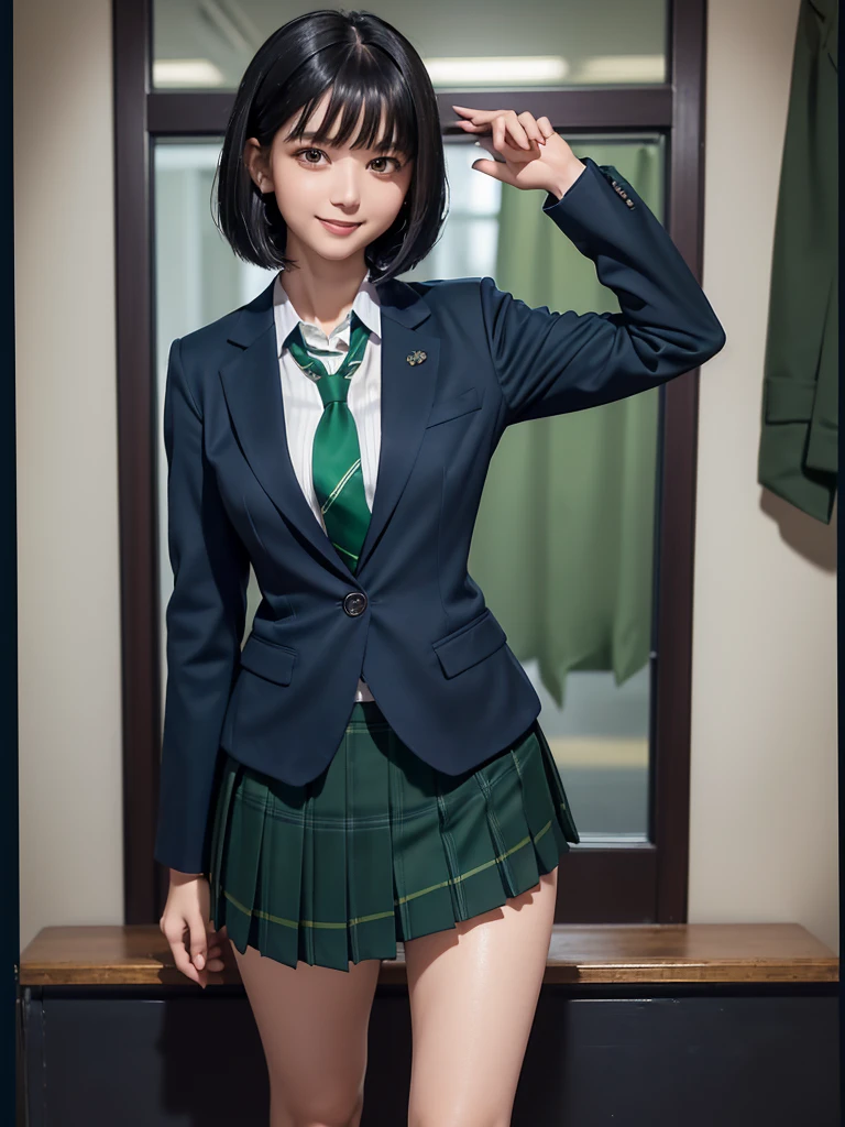 (8k, RAW Photos, Best Quality), Standing in a school classroom, (((((((One woman))))))), ((Black Hair)), ((Medium Bob Hair)), (Asymmetrical bangs), ((Detailed eyes)), ((A happy smile)), ((Long, slender legs)), ((Green tie)), (((Navy blue closed blazer))), (((Dark green checkered pleated micro mini skirt))), Thighs, knees, Random pose，pretty girl，Slender girl