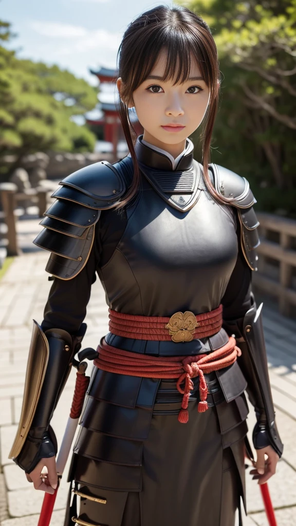 masuter piece, best qualtiy, (((realisitic、Photorealsitic:1.37))), ((独奏)), 8K image quality , extremely delicate and beautiful, splendid, Official art with attention to detail, Unbelievably ridiculous, huge filesize, ultra-detailliert, ighly detailed, (Pretty girl), (detailed girl), Eyes and faces with detailed, Beautiful detailed eyes, Light makeup, (1 girl), (Perfect female figure), slender, (Pretty girl in Japan), ((fullllbody)), With bangs, ((Samurai Japan Woman)), ((Japan Purple Armor)), (Red armor), (Detailed Japan armor), (18year old), ((Samurai Japan Woman)), ((Japan red and black armor)) , Wakizashi, (Detailed Japan armor), Shrines and temples