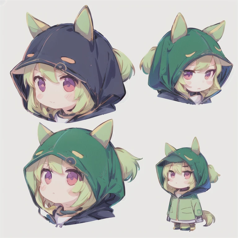 a close up of a person wearing a Green hoodie, cute!! Chibi!!! Ma Niang🐎, Anime Moe Art Style, cute anime 猫娘, anime Ma Niang🐎, honest, by Kamaguruka, Demon Slayer Louis Fan Art, Chibi art, Chibi monster girl, In anime style, Green hood, cute anime style, Detailed fan art, Ma Niang, Chibi anime girl　Horse walking on two legs