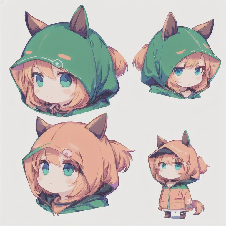 a close up of a person wearing a Green hoodie, cute!! Chibi!!! Ma Niang🐎, Anime Moe Art Style, cute anime 猫娘, anime Ma Niang🐎, honest, by Kamaguruka, Demon Slayer Louis Fan Art, Chibi art, Chibi monster girl, In anime style, Green hood, cute anime style, Detailed fan art, Ma Niang, Chibi anime girl　Horse walking on two legs