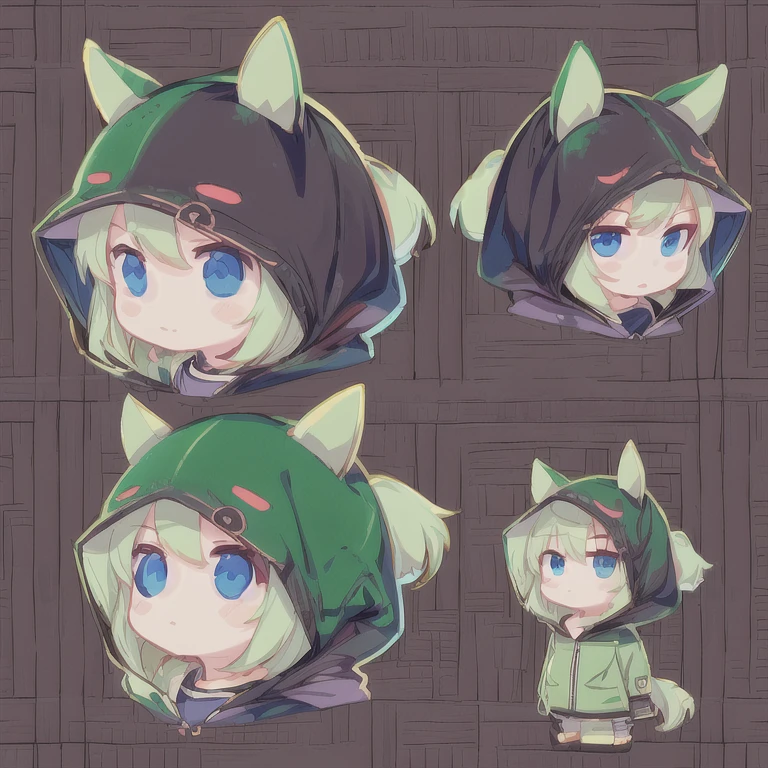 a close up of a person wearing a Green hoodie, cute!! Chibi!!! Ma Niang🐎, Anime Moe Art Style, cute anime 猫娘, anime Ma Niang🐎, honest, by Kamaguruka, Demon Slayer Louis Fan Art, Chibi art, Chibi monster girl, In anime style, Green hood, cute anime style, Detailed fan art, Ma Niang, Chibi anime girl　Horse walking on two legs