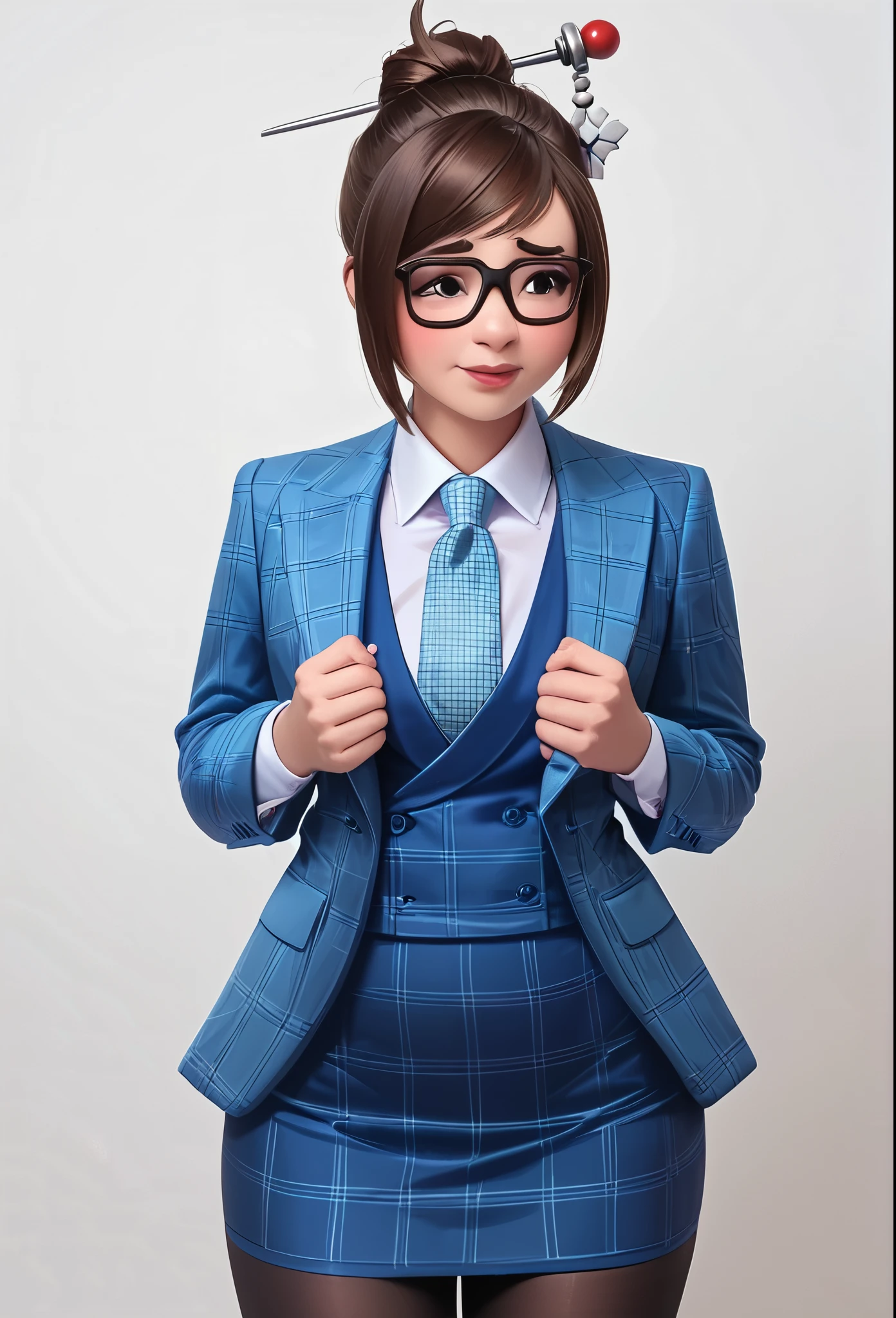 score_9, score_8_up, score_7_up, score_6_up, score_5_up, score_4_up, 3d, owmei, black-framed eyewear, hair bun, smile, shy, hair stick, blush, sheepish, 
three-piece suit, ((waistcoat)), blue plaid skirt suit, dress shirt, metallic brown necktie, blazer, blue plaid suit jacket, bodycon pencil skirt, (shirt with white collar), white shirt collar, contrast collar, suit trim, makeup, lipstick, black pantyhose, standing, looking away, avoiding eye contact, hands held together, cute, embarrassed