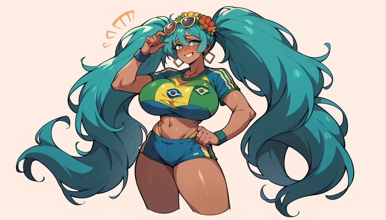 Brazilian Miku, dark skin, Brazilian sportswear, floral headdress, blue super long twin tails, wearing sunglasses on the beach, holding Brazilian soda in hand, Super huge big breasts, breast enlargement, full-body shot, shy smile