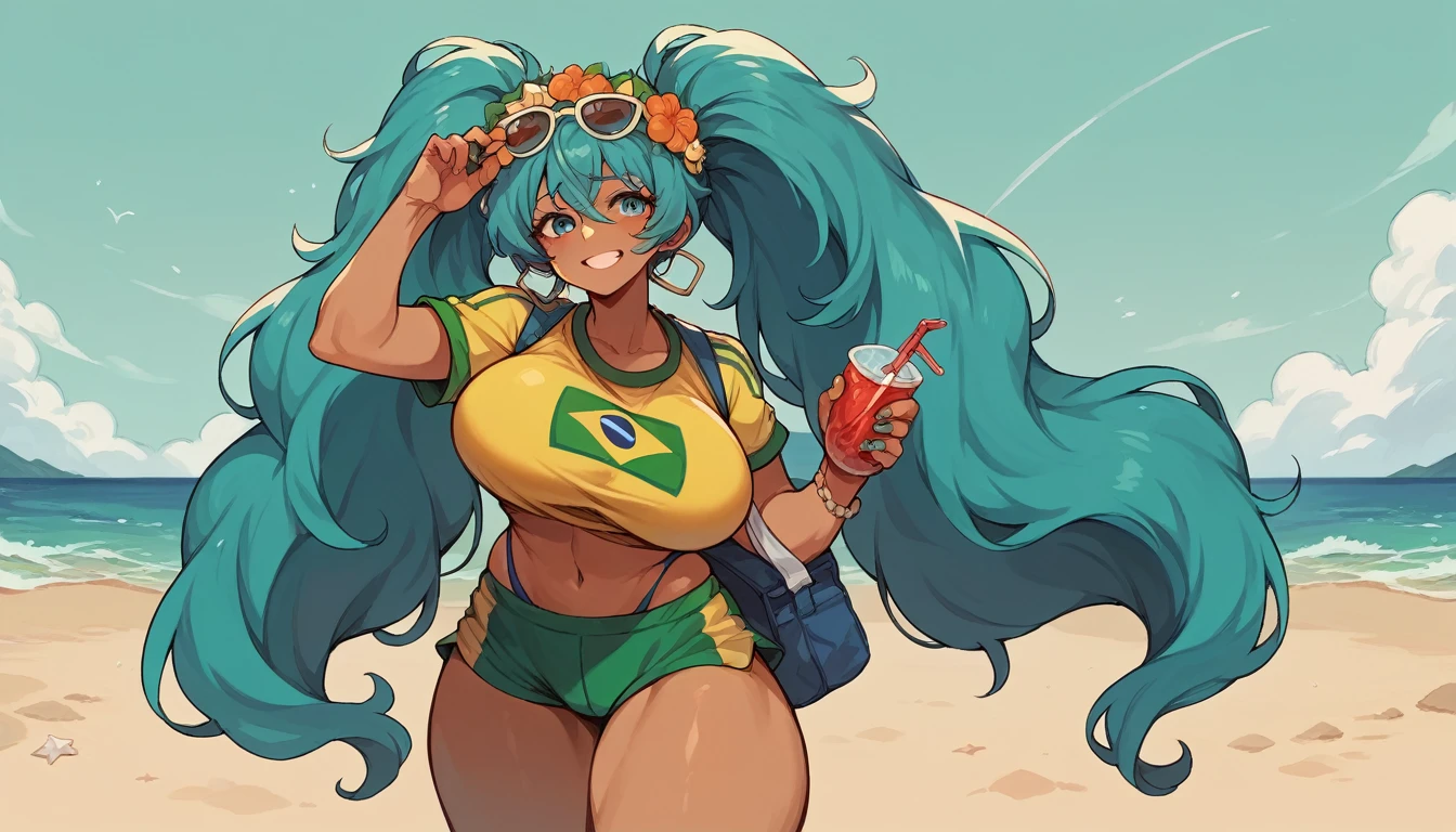 Brazilian Miku, dark skin, Brazilian sportswear, floral headdress, blue super long twin tails, wearing sunglasses on the beach, holding Brazilian soda in hand, Super huge big breasts, breast enlargement, full-body shot, shy smile