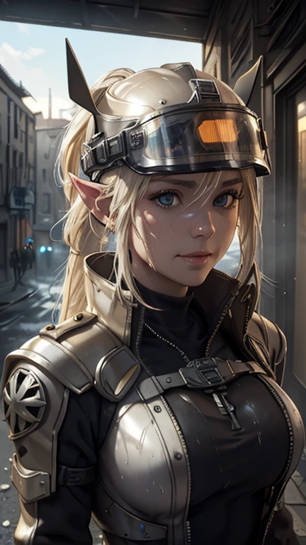 Top quality masterpiece, High quality CG Unity 8K wallpaper,((Upper body portrait)), ((Destroyed street corner)), (Long pointy ears), She has long platinum blonde hair tied in a ponytail., ((Average chest size, Self-illuminating skin)), ((Riot control equipment, helmet)), (Sweaty, Wet white skin), (Charming smile), cute, Beautiful symmetrical face, fine grain, Key Art, Awards, Exquisitely detailed realism HDR, Photorealism, Hyperrealism, Ultra-realistic, Dramatic light, Strong Shadows, Amazing views, Written boundary depth,