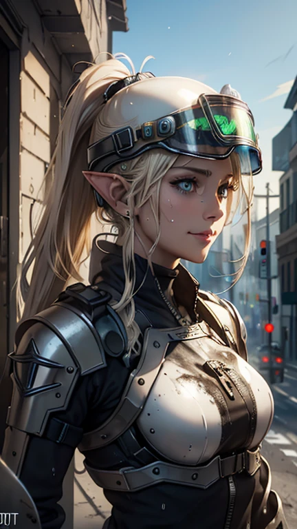 Top quality masterpiece, High quality CG Unity 8K wallpaper,((Upper body portrait)), ((Destroyed street corner)), (Long pointy ears), She has long platinum blonde hair tied in a ponytail., ((Average chest size, Self-illuminating skin)), ((Riot control equipment, helmet)), (Sweaty, Wet white skin), (Charming smile), cute, Beautiful symmetrical face, fine grain, Key Art, Awards, Exquisitely detailed realism HDR, Photorealism, Hyperrealism, Ultra-realistic, Dramatic light, Strong Shadows, Amazing views, Written boundary depth,