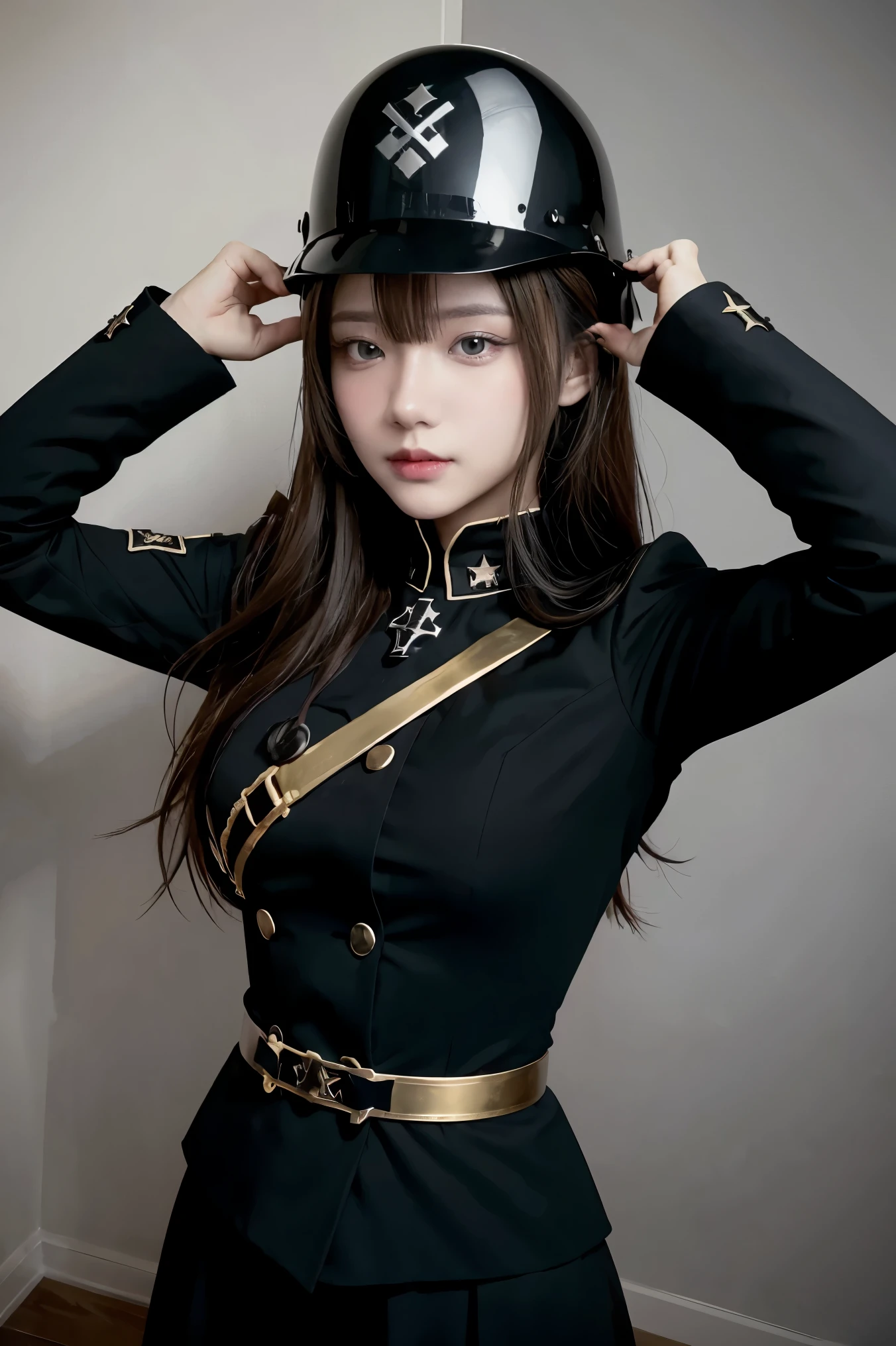 A woman wears a black Gothic style military uniform., Black military helmet with gold details., Iron cross symbol on a soldier's helmet, long white hair, conjunctivitis, black boots, In the autumn theme forest, (Just a woman, alone),HDR, very detailed, Extra resolution, Masterpiece. 8k HD.