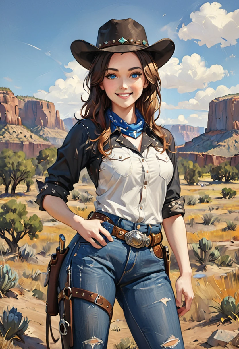 (ultra realistic illustration), American southwest. Beautiful 24 yo woman of Irish descent. athletic figure,(pale:1.4)complexion. brunette, blue eyes, cute butt. Kind eyes,(joy:1.3),(smile:1.3). Western outlaw. Black cowboy hat, western shirt, neck bandanna, jeans, chaps, cowboy boots, bullet belt.