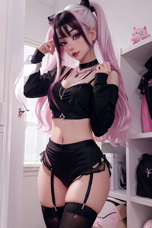 An effeminate girl, With a delicate and beautiful face. has a thin body, your skin is white and very pale. Her hair is dark with magenta highlights., likes to wear makeup, ((Wear a black necklace)), emocore clothes, cute panties, lace thigh high stockings, band t-shirt.