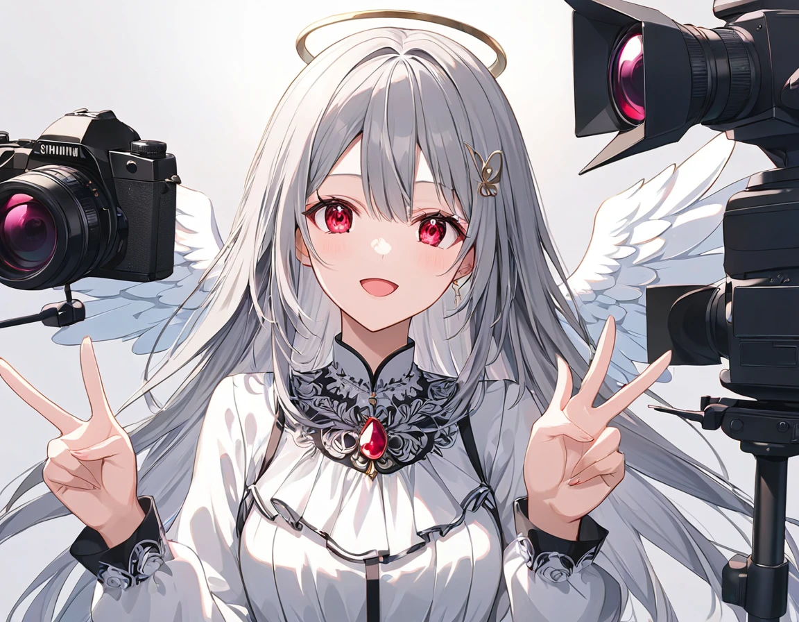 Anime Style,One Woman,Angel,Wink,Open your mouth,Jagged,Gray Hair,Long Hair,Red eyes,Shining Eyes,Shining Eyesのハイライト,Wings the size of a ruby,White Dress,Black pattern,disaster々Shii,Peace sign,Photo shoot highlighting women,Blur the background,A masterpiece from the front angle,Best Quality,Exquisite,8k,Absurd,Ultra-detailed illustrations,(Looking at the audience)