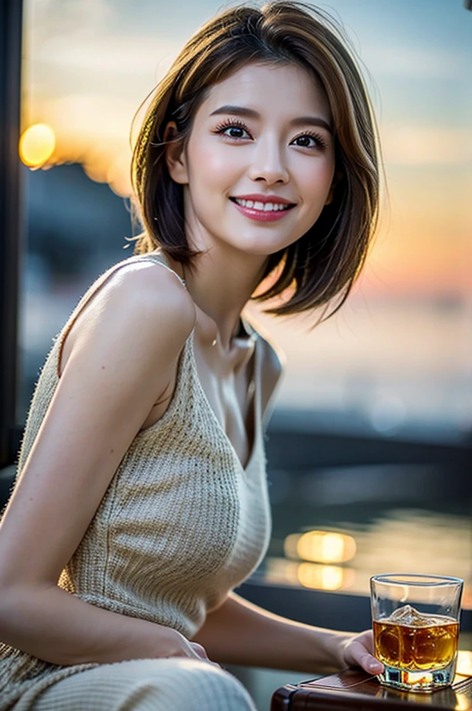 (Realistic, 超Realistic:1.4), 16K HDR, High resolution,((Whiskey Glass)),((Whiskey Bottle)),((Whiskey Glass)),Happy smile、short hair,The best smile、Japanese actress,so beautiful(It looks like the real thing),Evening Dresses,Cocktail Dresses、Whiskey Bottle、The Macallan、Johnnie Walker、、Old Parr、whiskey、Slim couple、Model Couple、(Realistic, Intricate details:1.2), Single Malt、scotch、Rock Glass、Shot Glasses、Whisky on the Rock、Scotland、Amazing view of the sunset sky and clouds、,Digital SLR camera, Soft Lighting, Detailed Background, Volumetric Lighting, Sharp focus, super Realistic 肌,so beautiful表現です,Cloud Effect:1.2、プロ品質のHigh resolution、Best Quality,Slim figure,Highly detailed face,detailed eyes,Beautiful Lips,Excellent light particles,Cinema Lighting