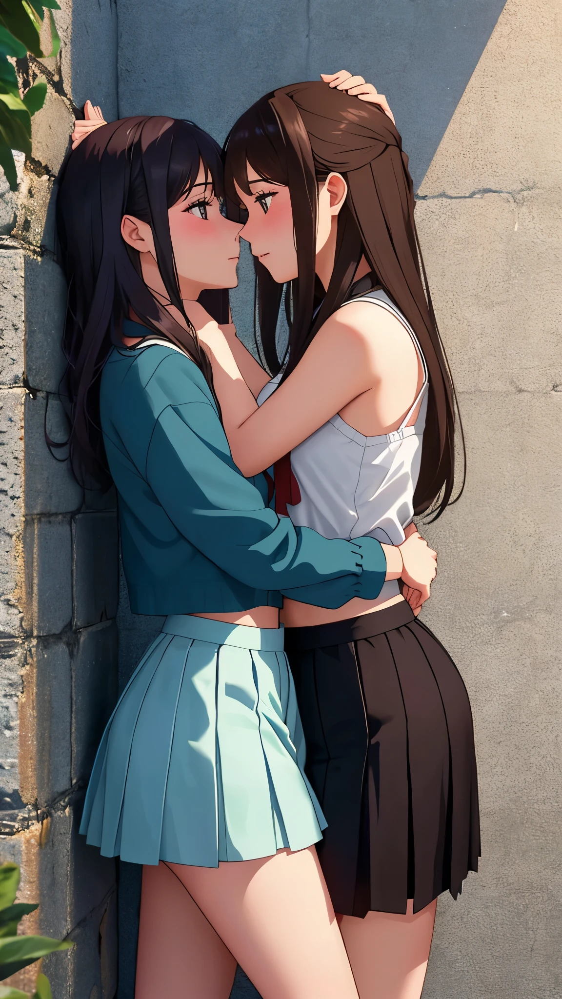 <lora:akiyama_against_the_wall:2.0>, 1girl,(girl pinned to the wall), girl against wall, girl face pushed against wall, ((side view)), hand pushing against wall,standing,breast grabbing, breast grab,