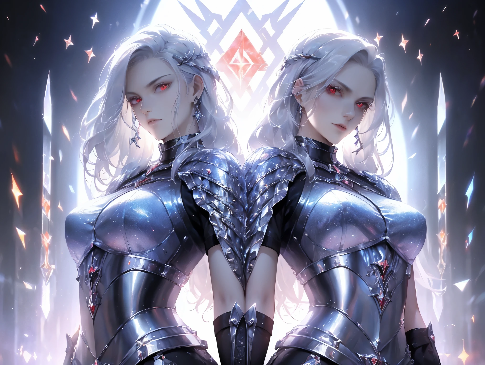 ((best quality)), ((masterpiece)), (detailed), perfect face, Albino warrior, ((long white hair, white skin, red eyes)), black magic sword, (Great sword engraved with red runes), crazy eyes, haggard cheeks, fantasy novel, 2 lady, ((Silver armor, gloves, and a shield with a pattern engraved on it))