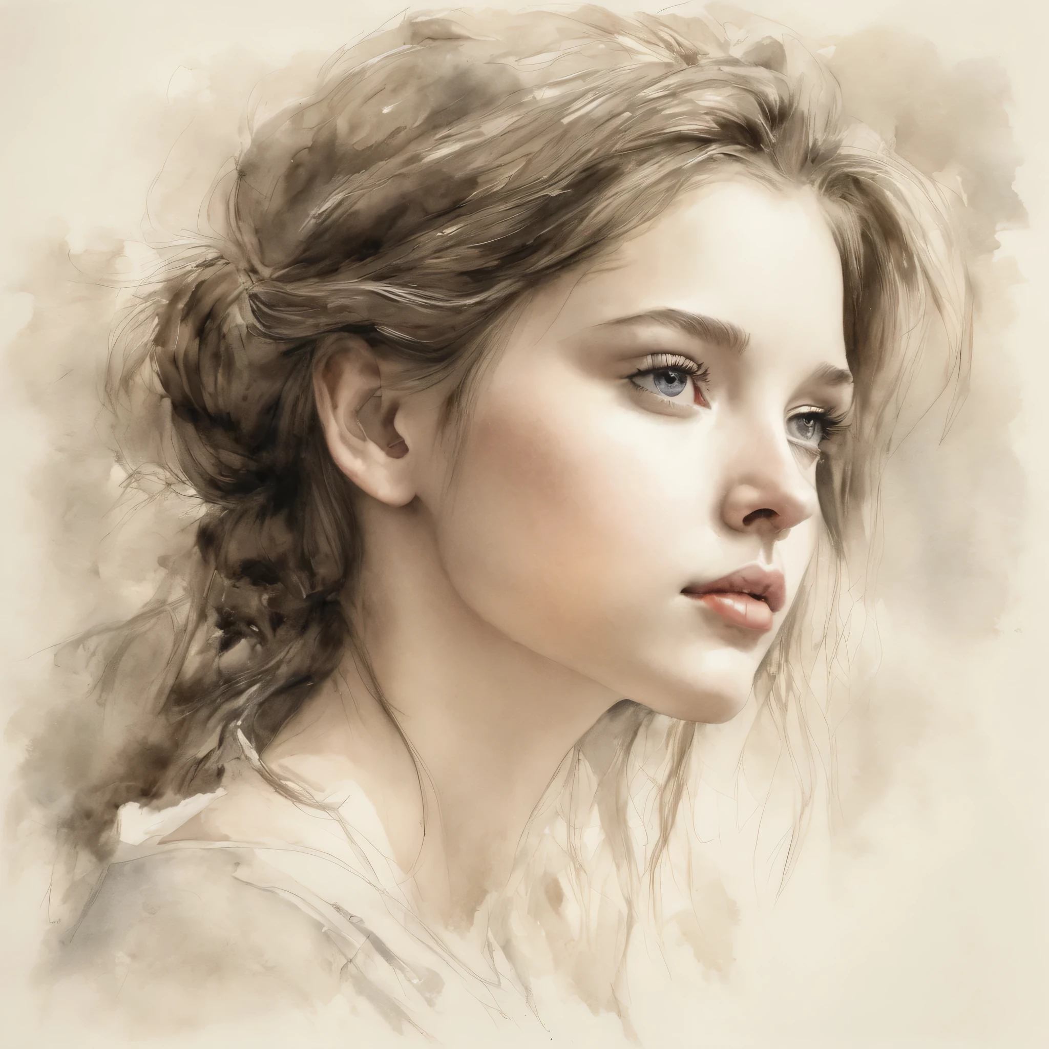 A beautiful sketch of A Girl posing head and shoulders, lightly colored with watercolors, top quality, high quality, masterpiece, with a taste of lyric poetry in realism, naturalism, neoclassicism, delicate realism, drawn with graphite pencil,