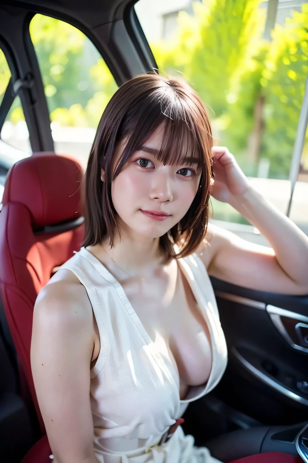 A woman is sitting in the passenger seat of a car...., Japanese Model, Young and sexy gravure idol, A true young gravure idol, Surreal,Provocative,((Beautiful Skin)),((Skin Texture)),((Real Touch)), healthy, Redness-free skin, Cute freckles on the cheeks,Mole under left eye,