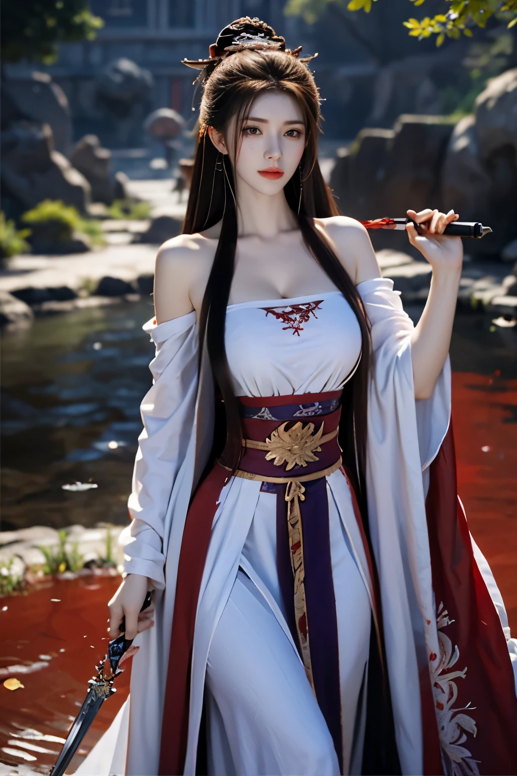 Very beautiful woman, very thick long hair, holding sword, blood splash, blood splashed, blood splashing