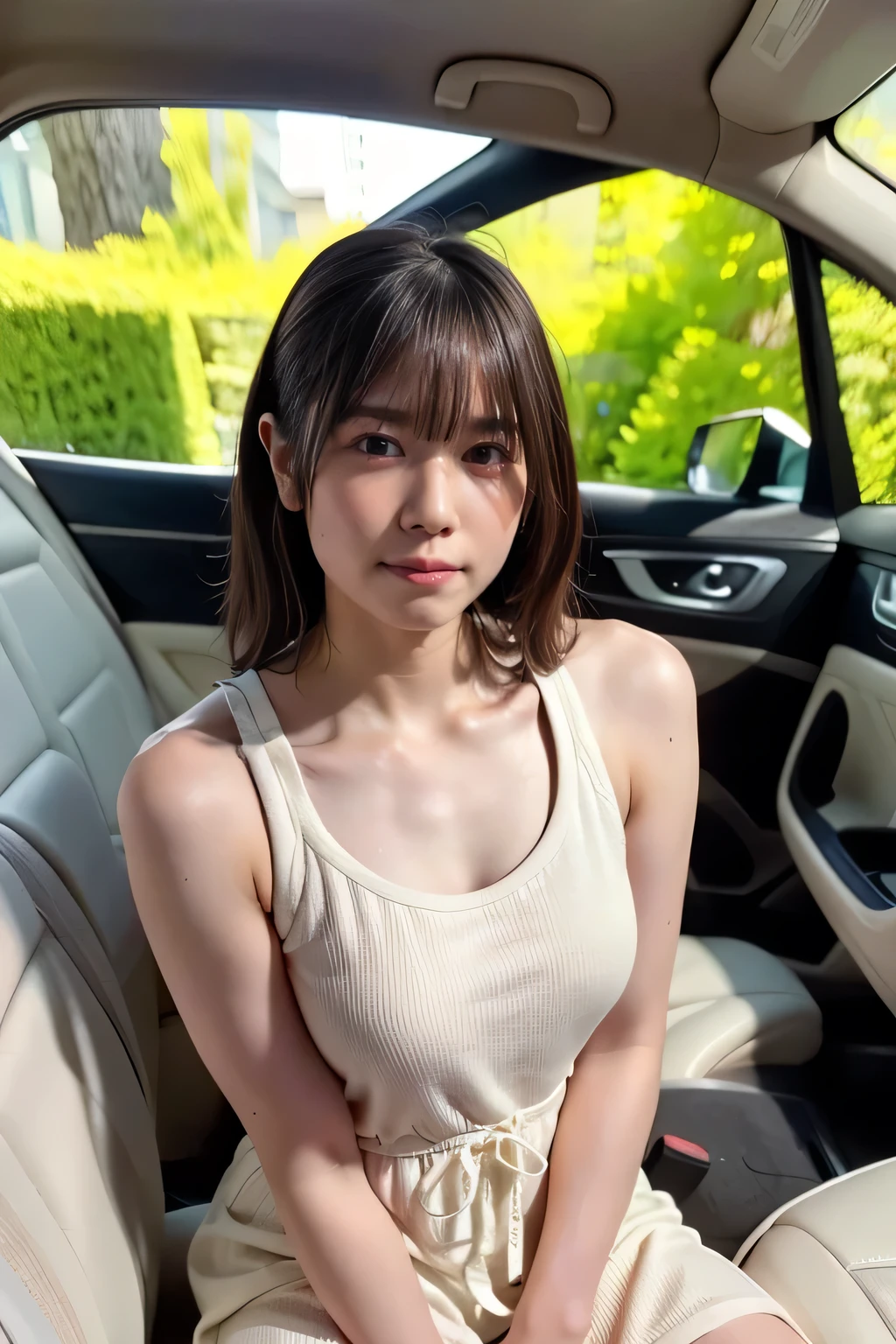 A woman is sitting in the passenger seat of a car...., Japanese Model, Young and sexy gravure idol, A true young gravure idol, Surreal,Provocative,((Beautiful Skin)),((Skin Texture)),((Real Touch)), healthy, Redness-free skin, Cute freckles on the cheeks,Mole under left eye,