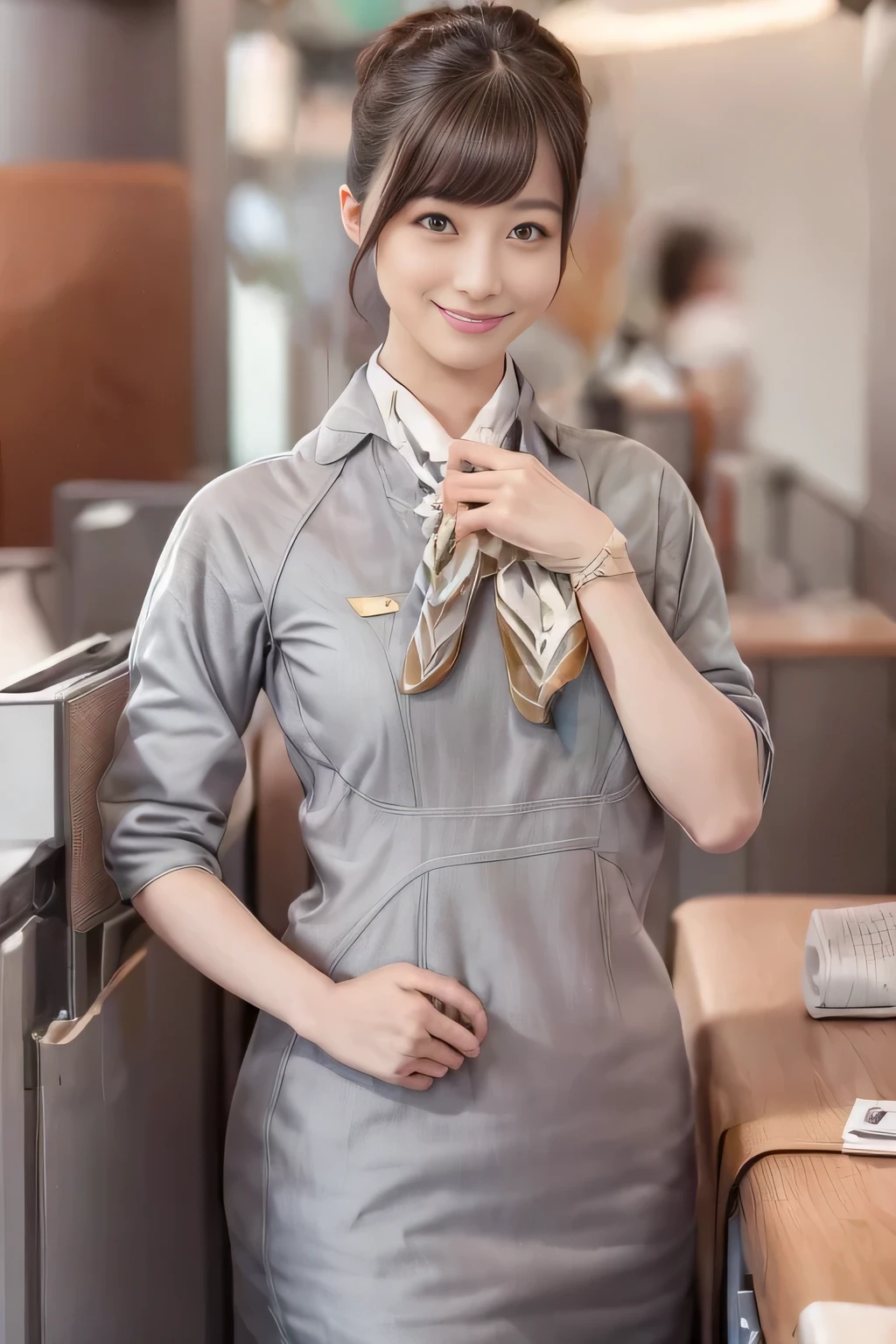 (masterpiece:1.2, Best Quality:1.2), 32K HDR, High resolution, (alone、1 girl)、（Starlux Airlines Cabin Crew Uniform）、 (At the airport counter, Professional Lighting)、A proper woman, Beautiful Face,、（Starlux Airlines Cabin Crew Uniform Short Sleeve）、（Starlux Airlines Cabin Crew Uniform）、（Scarf on chest）、Big Breasts、（Long Hair、Hair Bun）、dark brown hair、Long Shot、（（Great hands：2.0）），（（Harmonious body proportions：1.5）），（（Normal limbs：2.0）），（（Normal finger：2.0）），（（Normal eyes：2.0））)、Beautiful position、smile、Hands down