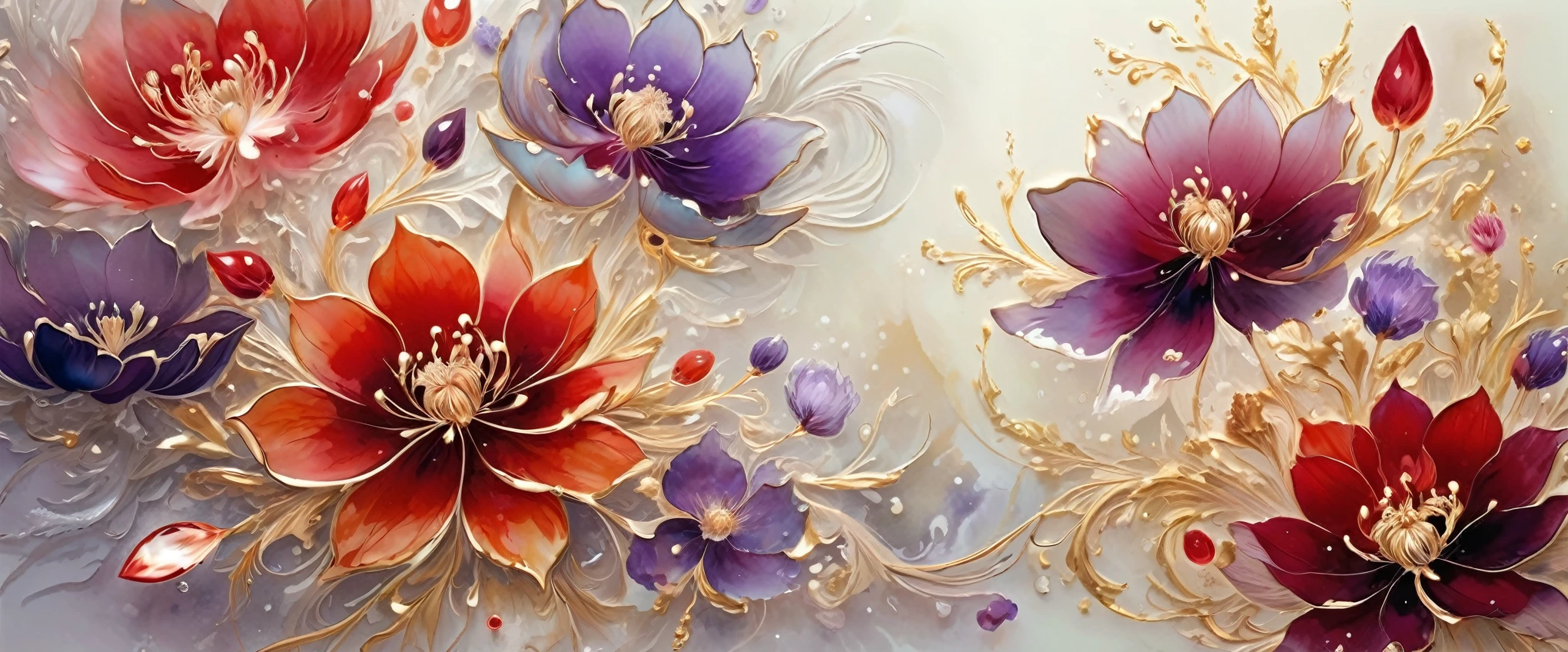 A bunch of blooming flowers,the petals show different shades of red and purple the center is embellished with gold texture,sparkling,elegant and unique,gently swaying,mysterious and charming,realistic and abstract art,details,very realistic,beautiful and vital,dreamlike and surreal,delicate brush strokes and rich colors,beauty and mystery,unimaginable beauty,Ornate And Intricate,transparent,translucent,Agate material,jade material,BY Anne Bachelier, sketch artstyle