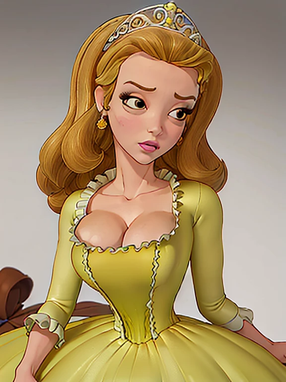 masterpiece, realistic:1.3), (high quality, detailed:1.3), (huge breasts:1.2), (musuclar female:0.8), (upper body, portrait, blank background:1.1), (yellow dress, cleavage, princess gown), princess amber, slim waist 