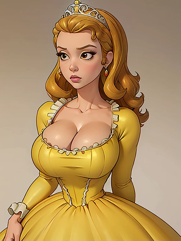 masterpiece, realistic:1.3), (high quality, detailed:1.3), (huge breasts:1.2), (musuclar female:0.8), (upper body, portrait, blank background:1.1), (yellow dress, cleavage, princess gown), princess amber, slim waist, wide hips 