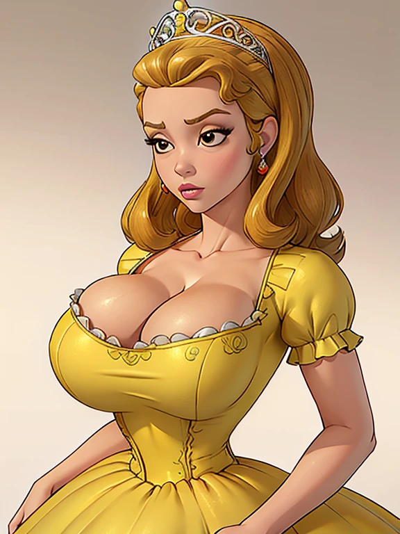 masterpiece, realistic:1.3), (high quality, detailed:1.3), (huge breasts:1.2), (musuclar female:0.8), (upper body, portrait, blank background:1.1), (yellow dress, cleavage, princess gown), princess amber, slim waist, wide hips