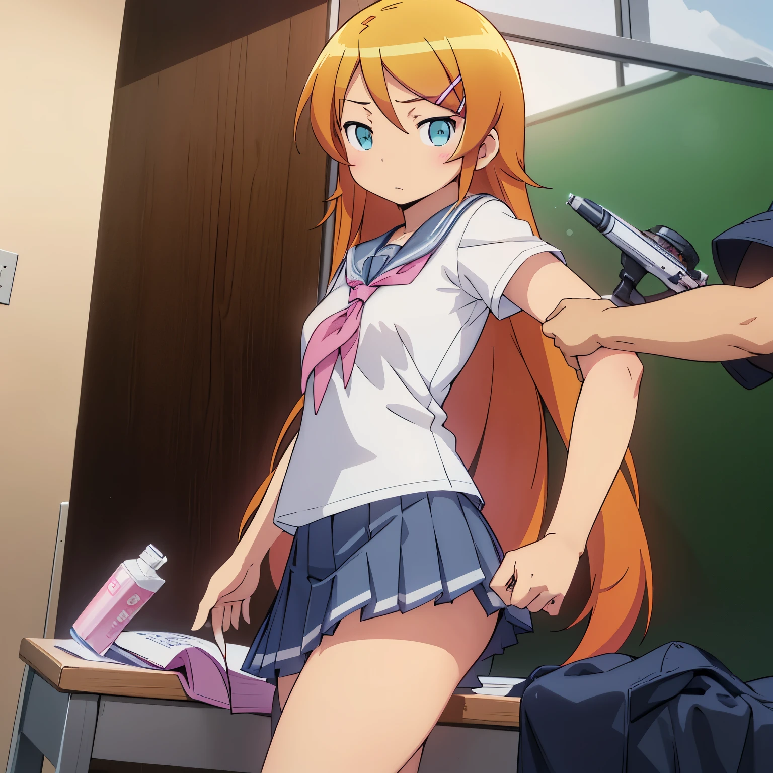 Kirino Kousaka, a high school girl in a sailor suit, receives a vaccination, long hair, blue eyes, hair ornament, hairclip, orange hair, aqua eyes,
skirt, school uniform, seraph, shirt, white shirt, grey sailor collar, grey skirt, pleated skirt, neckerchief, pink neckerchief,