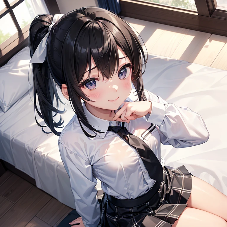 very cute and beautiful girl,(highly detailed beautiful face),(smile),blush,shy,
black hair,looking at viewer,sitting on bed sheet,open legs,
idol costume like AKB48,akiba idol with detailed frills,plaid vest,hotel bedroom,
(best quality,masterpiece),absurdres,highres,ultra-detailed,extremely detailed,32k,8k resolution,
intricate details,cinematic scene,detailed background,solo,dynamic angle,