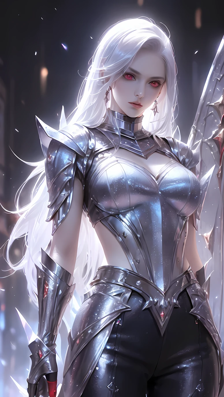 ((best quality)), ((masterpiece)), (detailed), perfect face, Albino warrior, ((long white hair, white skin, red eyes)), black magic sword, (Great sword engraved with red runes), crazy eyes, haggard cheeks, fantasy novel, 2 lady, ((Silver armor, gloves, and a shield with a pattern engraved on it))