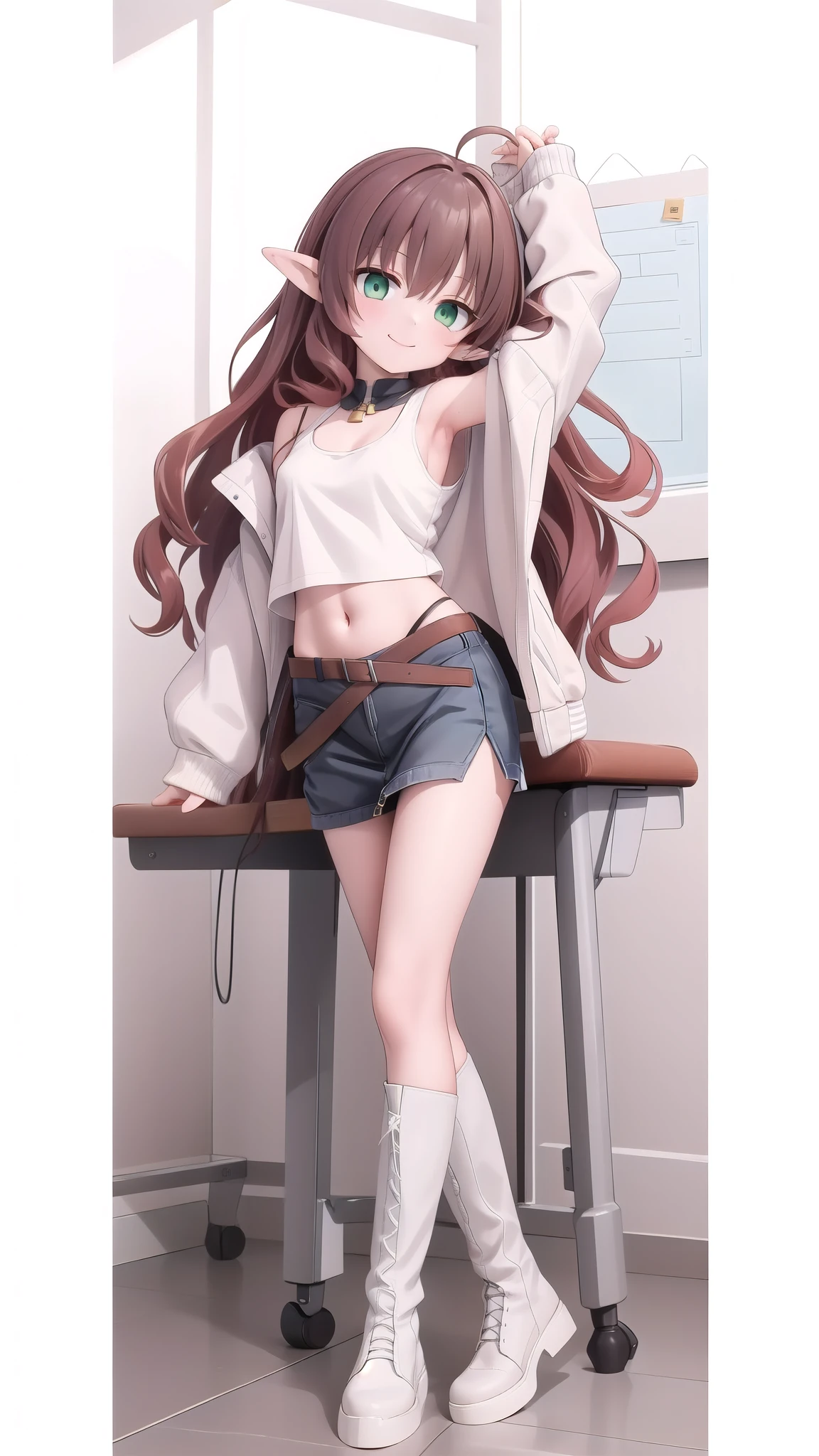 ((masterpiece)),(best quality),official art,extremely detailed CG,unity 8k wallpaper,ultra detailed,1girl,Alone,upper body,(portrait:1.2),long_hair,pointy_ears,ahoge,green_eyes,white_footwear,navel,skirt,shoes,smile,red_hair,midriff,white_jacket,off_shoulder,looking_at_viewer,long_sleeves,tank_top,grey_socks,brown_hair,sleeves_past_wrists,open_clothes,bangs,shirt,classroom，White sweatshirt，White pantyhose，black leather boots