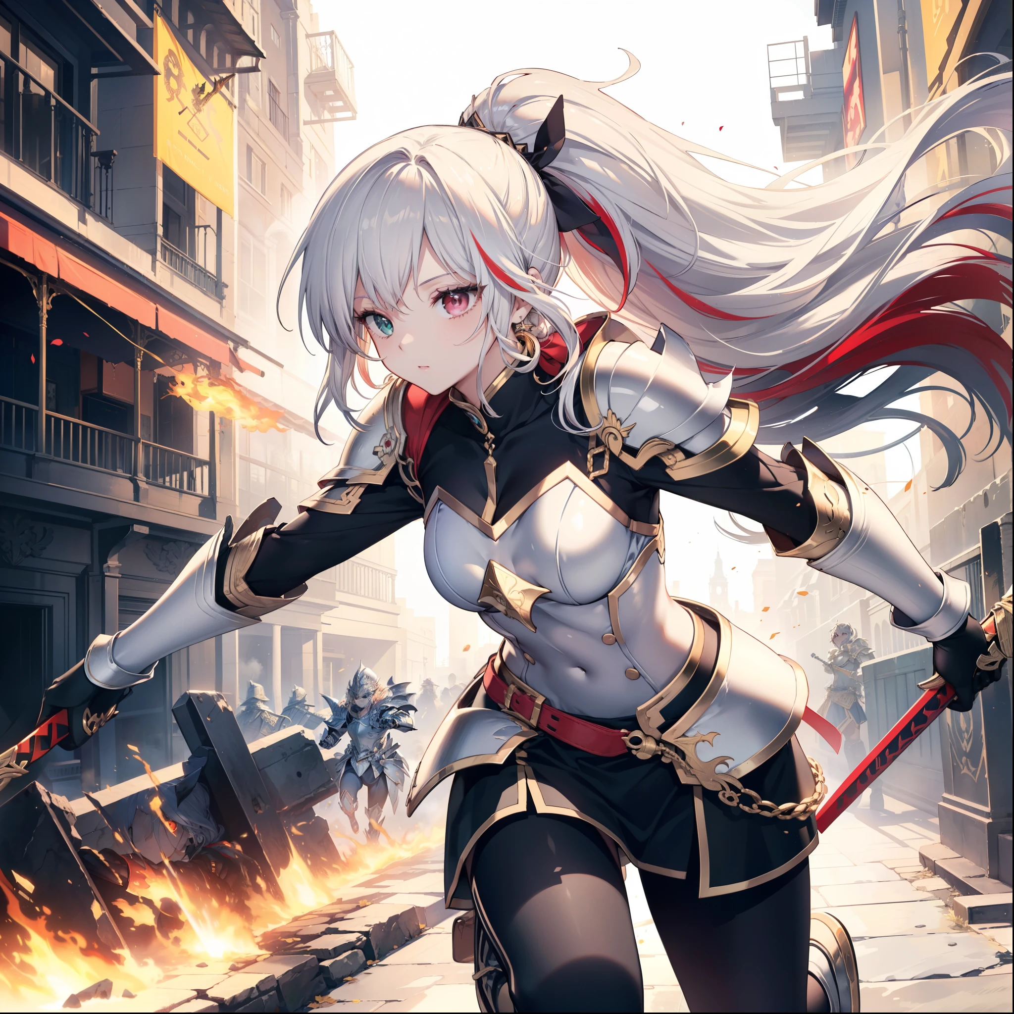 Anime girl with sword and armor in a city street - SeaArt AI