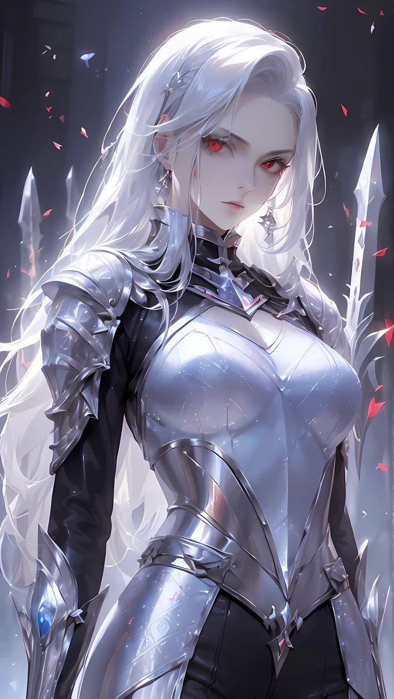 ((best quality)), ((masterpiece)), (detailed), perfect face, Albino warrior, ((long white hair, white skin, red eyes)), black magic sword, (Great sword engraved with red runes), crazy eyes, haggard cheeks, fantasy novel, 2 lady, ((Silver armor, gloves, and a shield with a pattern engraved on it))