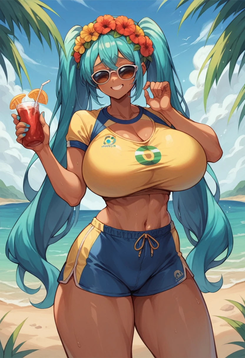 Brazilian Miku, dark skin, Brazilian sportswear, floral headdress, blue super long twin tails, wearing sunglasses on the beach, holding Brazilian soda in hand, Super huge big breasts, breast enlargement, full-body shot, shy smile