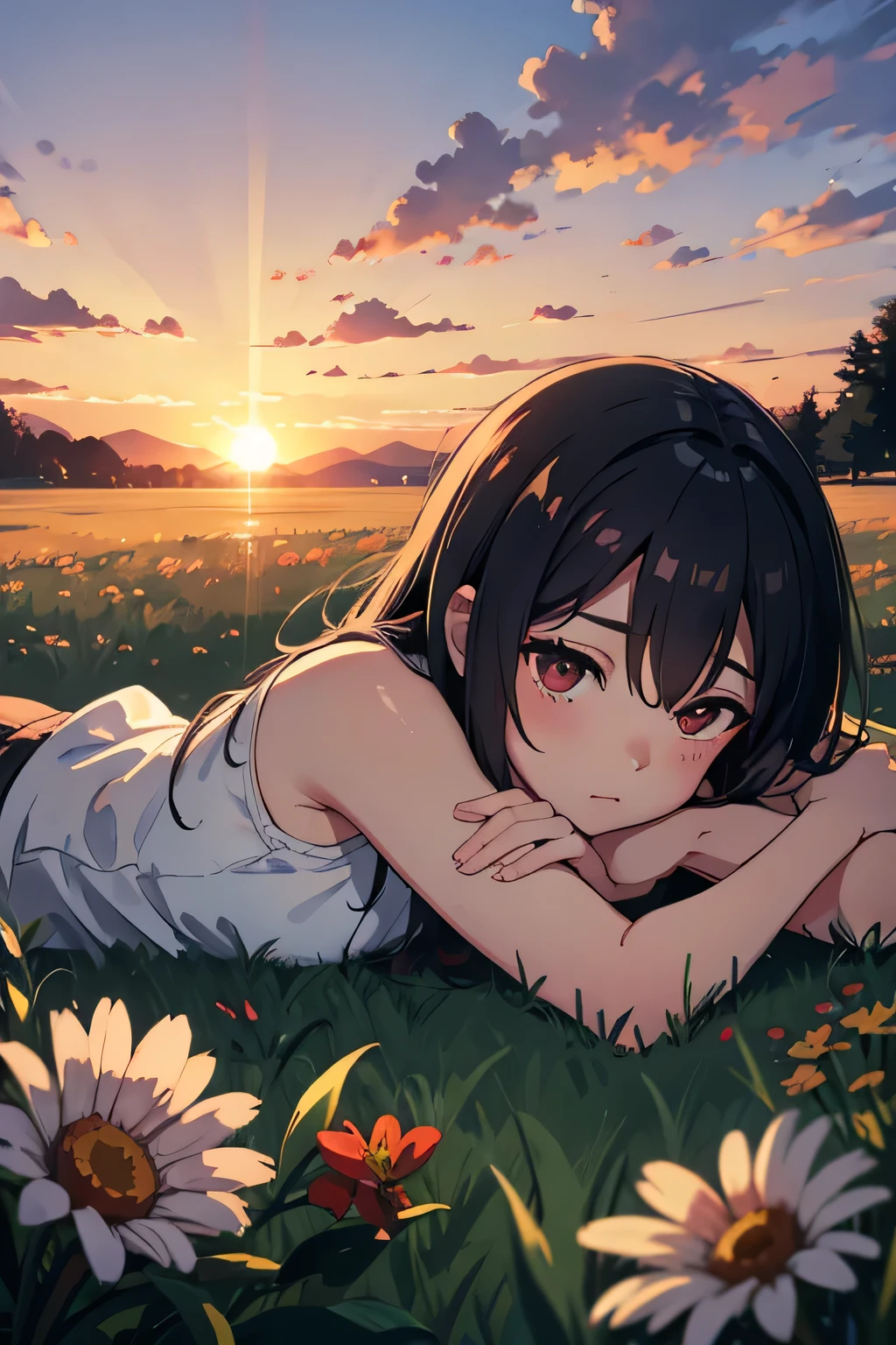 1girl, solo, gentle smile on her face flat chest, short hair, black hair, ((masterpiece, illustration, best quality)) ((best quality)), ((masterpiece)), (masutepiece:1.5, Best Quality:1.5), 1girl, solo, on side, closed eyes, black hair, lying,short hair, sleeping, full body, shadow, sunlight, streaked hair, signature, leaf, bangs, from above, closed mouth, outdoors, day, shade, grass, parted lips, dappled sunlight, white dress shirt, white pants