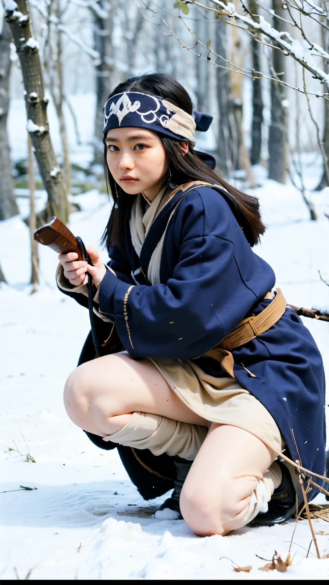 Snow is piled up, A girl dressed as Asirpa、Walking silently through the forest, stalking his prey。Dark blue traditional Ainu clothing「Attusi」Wearing、The hem of her robe, embroidered with white and purple geometric patterns, flutters in the wind.、Move lightly with every step。She shines her eyes、While checking the footprints and tracks of the prey、Crouched down and carefully examining the forest floor。
**Headband(Matampusi)**Wrap it tightly around your forehead.、Staring ahead with a tense expression。白い刺繍の施されたHeadbandが、Glowing faintly in the sunlight filtering through the trees, it sways in the wind.。
action:She quickly took off the wooden bow that was on her back.、矢筒から一本の矢Take out、Gently put it on the string。The way he does it is skillful.、Ready in an instant, without making a sound。With a sharp look、Aiming precisely at distant prey。
posture:Asirpa got down on one knee.、Keep your body low、He is drawing his hunting bow with great force.。Her dark blue outfit blends in with the green of the forest.、Approaching the enemy unnoticed。In the silence of the surroundings、Her movements are graceful、There is a sense of tension just before the weapon is released towards its prey.。
Facial expressions and concentration:Her face is serious、Frowning in concentration、Calculating wind direction and the movements of prey。The cold wind hit her cheeks、It's so cold you can see your breath.、She doesn't mind the cold at all。
After Action:The moment you shoot an arrow、The arrow flies silently、The blue and white embroidery sways beautifully with her movements.、The figure is depicted as if it is one with nature.。After shooting the bow、Immediately she rose quickly、Knife on waist(Makiri)Take out、Preparing for the next move。