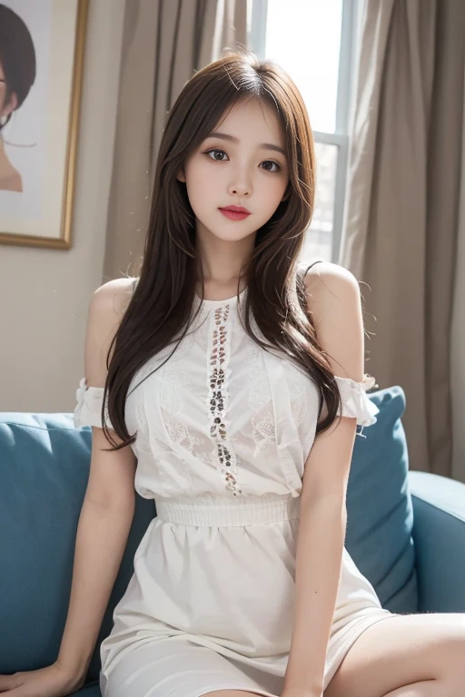 (full body), (from above), 1girl,Lie down on a comfortable couch,crossed legs,Soft light, off shoulder clothes, White color blouse, cropped shoulders, black short skirt, high-waist, 20yr old，Korean model, slender leg, evil grin smile，Evil expression, warm lights, a warm color palette